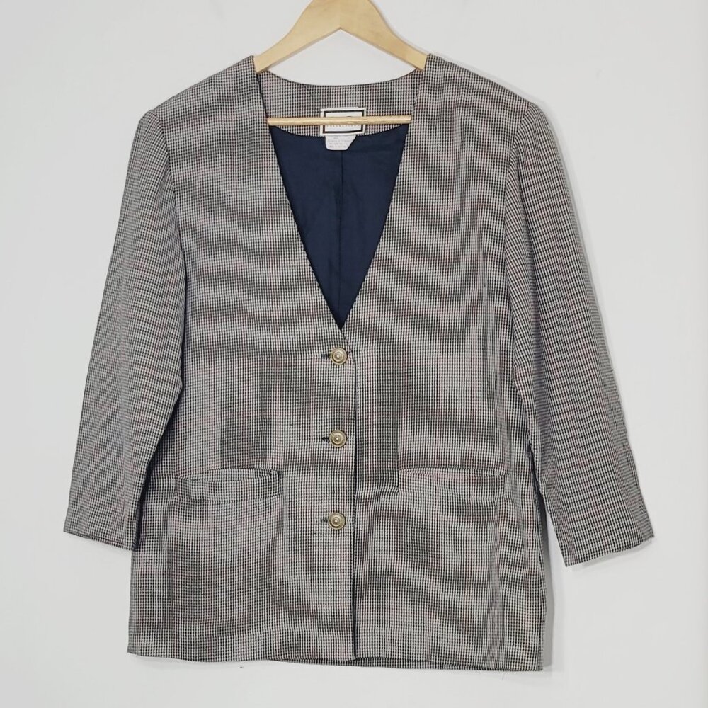 Carroll Reed Women's Vintage Red Tan Black Check V-Neck Button Front Blazer 12